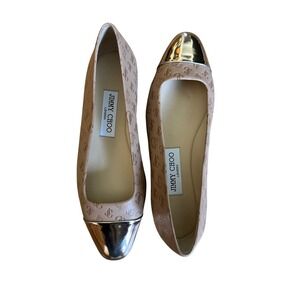 Jimmy Choo Watson Flats Monogram Embossed Leather Gold Cap Toe Nude Tan 37